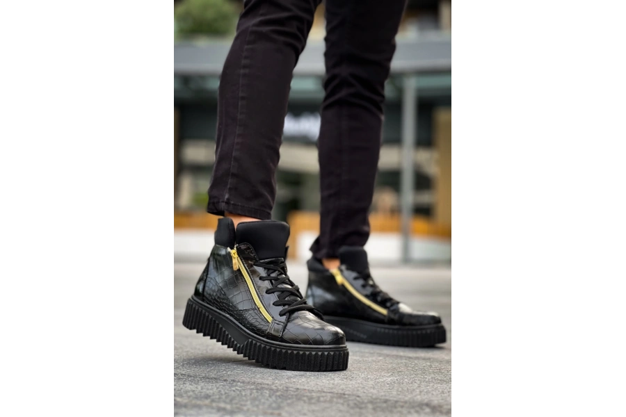 Shoecide Snr-512 Boa Kalın Yüksek Siyah Taban Çift Fermuarlı Siyah Erkek Spor Bot