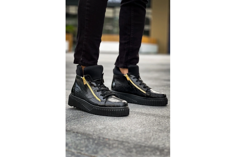 Shoecide Snr-512 Boa Kalın Yüksek Siyah Taban Çift Fermuarlı Siyah Erkek Spor Bot