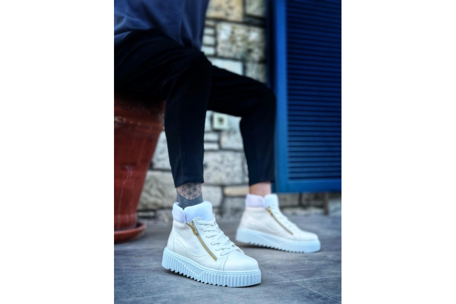 Shoecide Snr-512 Boa Kalın Yüksek Taban Çift Fermuarlı Beyaz Erkek Spor Bot