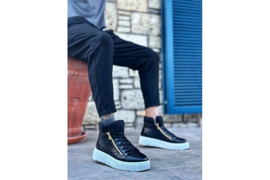 Shoecide Snr-512 Boa Kalın Yüksek Taban Çift Fermuarlı Siyah Erkek Spor Bot
