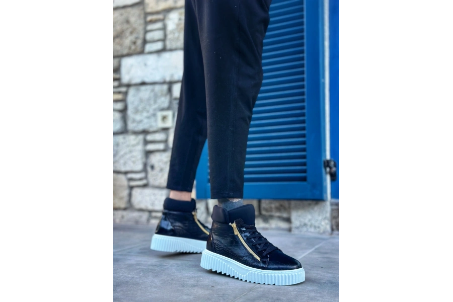 Shoecide Snr-512 Boa Kalın Yüksek Taban Çift Fermuarlı Siyah Erkek Spor Bot