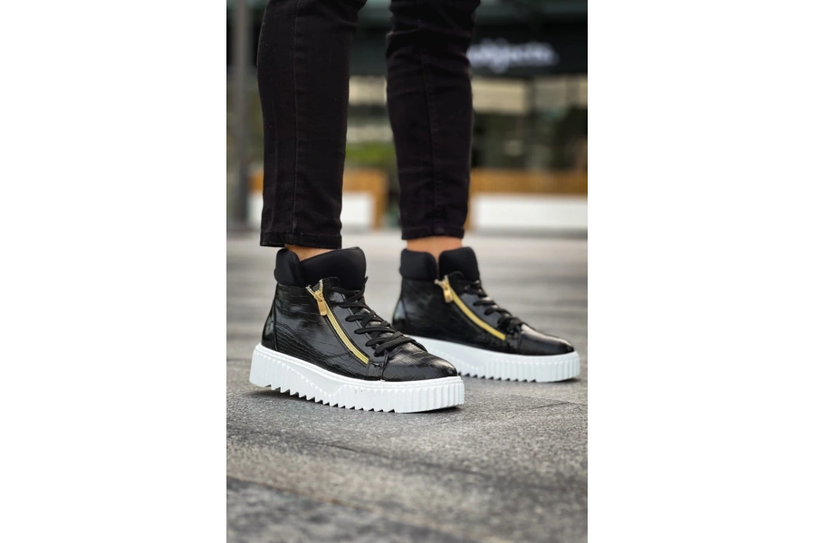 Shoecide Snr-512 Boa Kalın Yüksek Taban Çift Fermuarlı Siyah Erkek Spor Bot