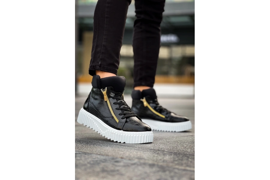 Shoecide Snr-512 Boa Kalın Yüksek Taban Çift Fermuarlı Siyah Erkek Spor Bot
