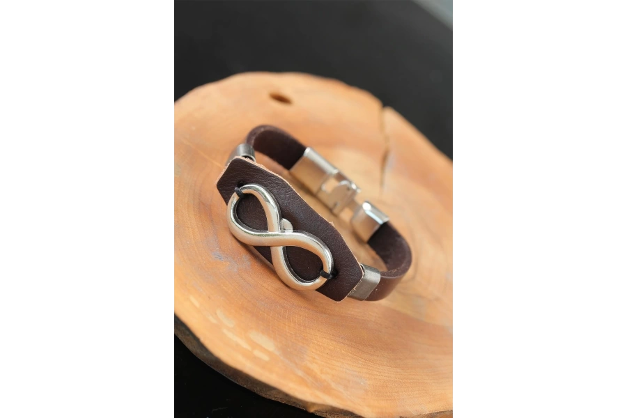 Shoecide Sonsuzluklu Metal Aksesuarlı Kahverengi Deri Erkek Bileklik