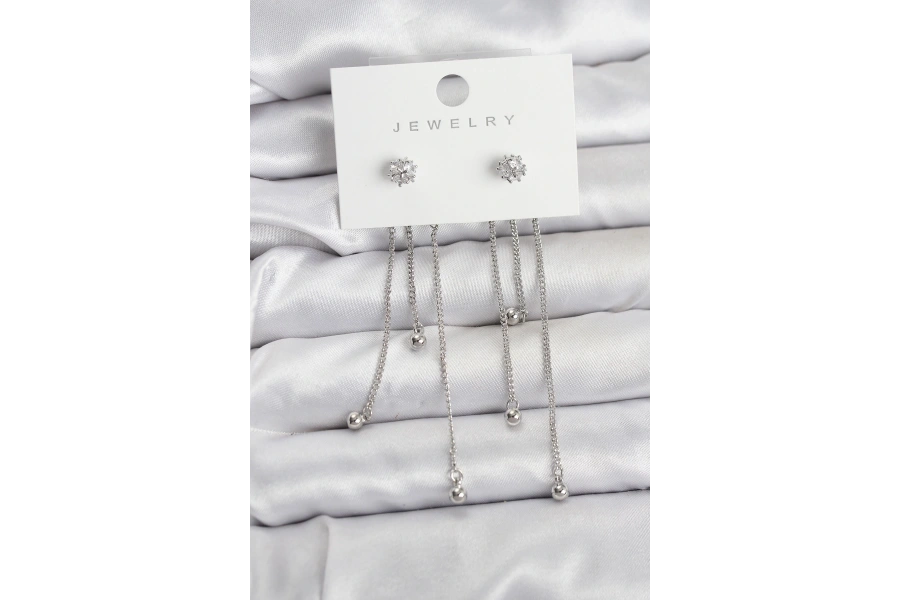 Shoecide Topçuk Model Gümüş Renk Pirinç Sallantılı Kadın Küpe Seti