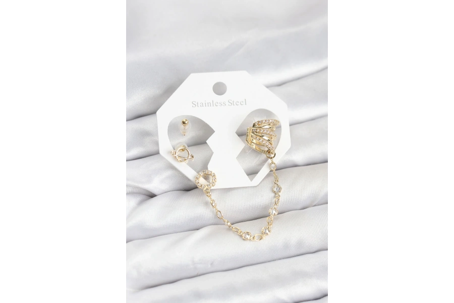 Shoecide Uzay Model Pirinç Gold Renk Zincir Bağlantılı Ear Cuff Küpe Seti
