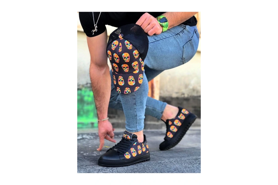 Shoecide Wg01 Kömür Kurukafa Baskılı Erkek Casual Ayakkabı