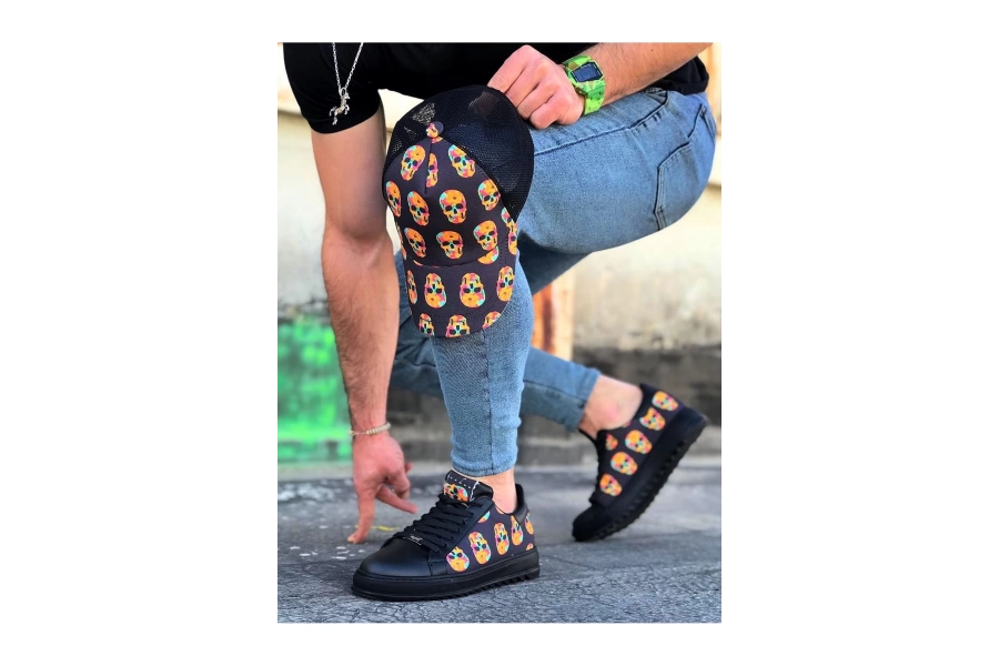 Shoecide Wg01 Kömür Kurukafa Baskılı Erkek Casual Ayakkabı