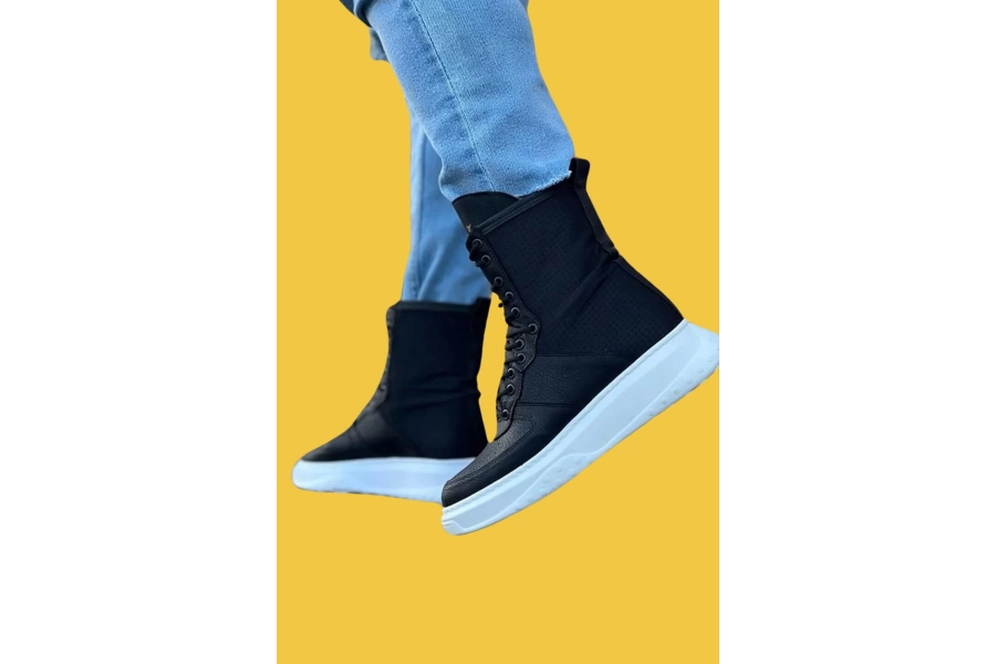 Shoecide Wg012 Bağcıklı Yüksek Taban Siyah Cilt Uzun Bağcıklı Spor Bot