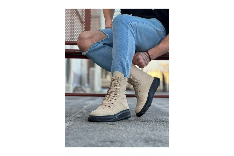 Shoecide Wg012 Bej Kömür Süet Uzun Bağcıklı  Bot