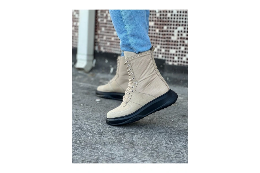 Shoecide Wg012 Bej Kömür Süet Uzun Bağcıklı  Bot