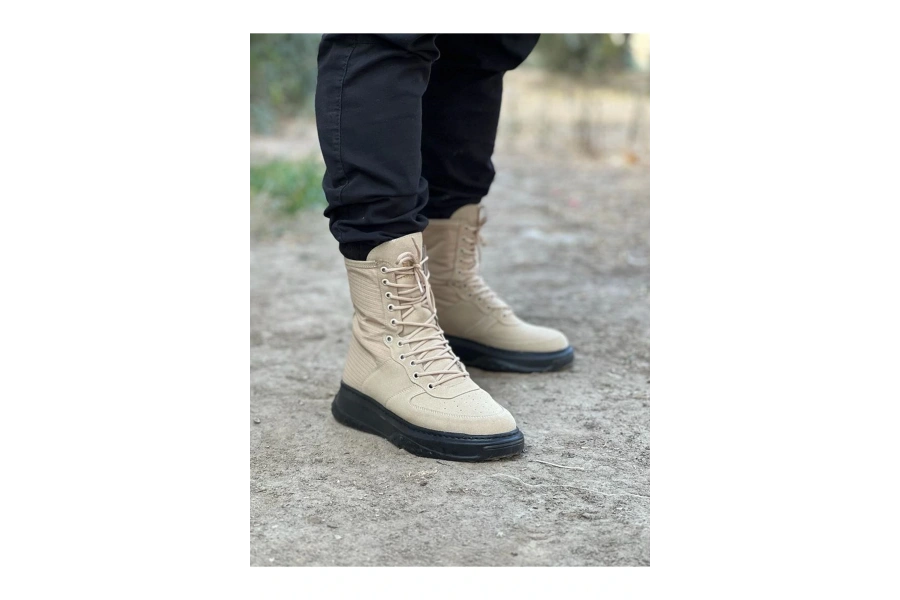 Shoecide Wg012 Bej Kömür Süet Uzun Bağcıklı  Bot