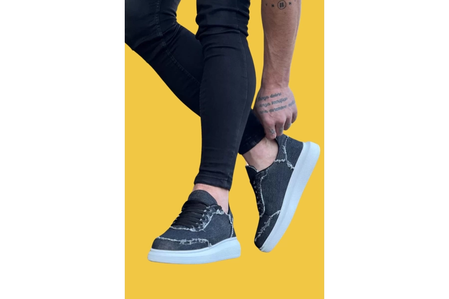 Shoecide Wg018 Bağcıklı Yüksek Taban Gri Kot Kumaş Erkek Casual Ayakkabı