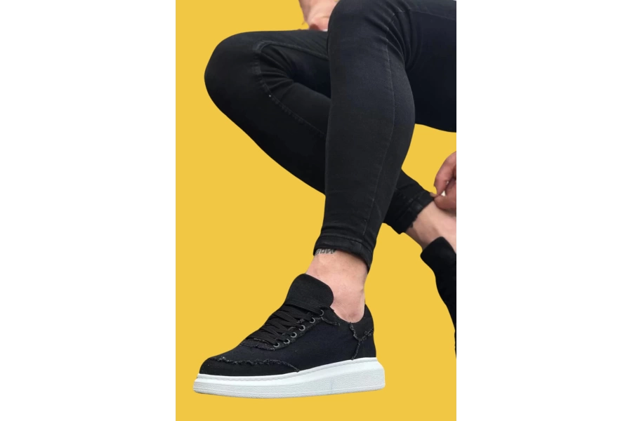 Shoecide Wg018 Bağcıklı Yüksek Taban Siyah Kot Kumaş Erkek Casual Ayakkabı