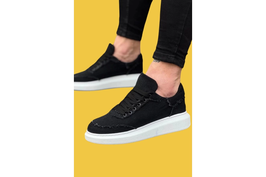 Shoecide Wg018 Bağcıklı Yüksek Taban Siyah Kot Kumaş Erkek Casual Ayakkabı