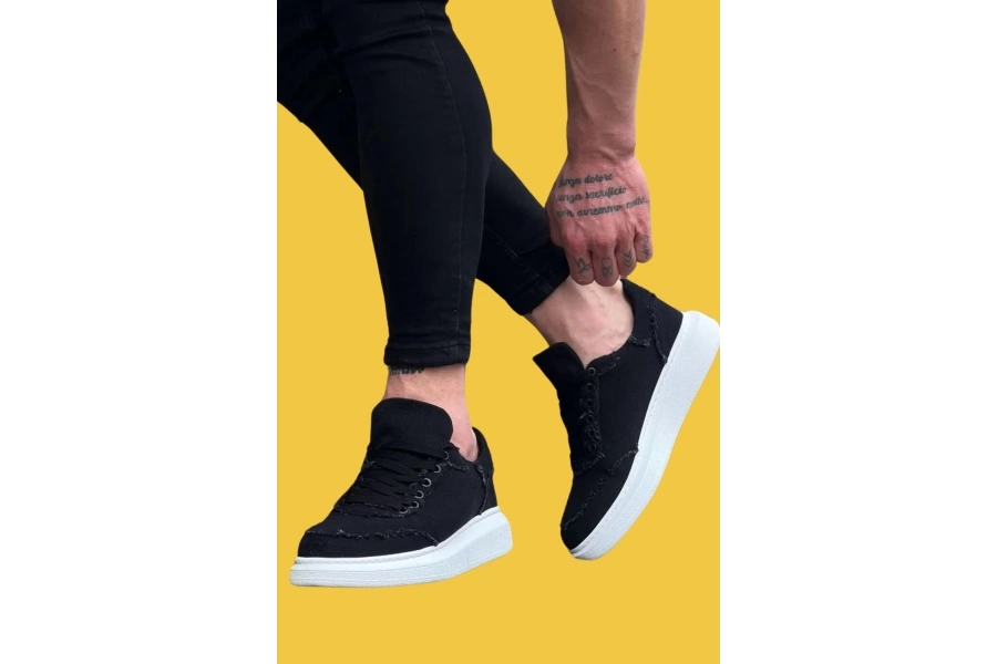 Shoecide Wg018 Bağcıklı Yüksek Taban Siyah Kot Kumaş Erkek Casual Ayakkabı