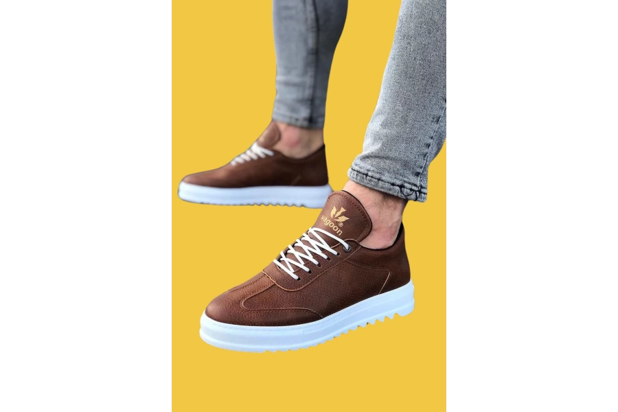 Shoecide Wg022 Bağcıklı Rahat Taban İğne Desen Taba Erkek Casual Ayakkabı