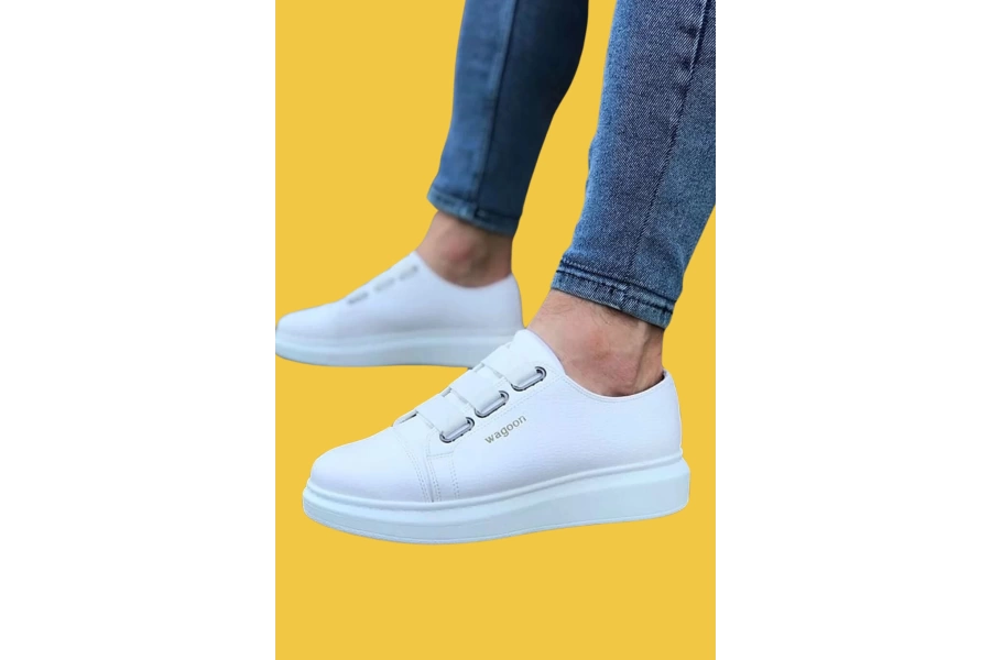 Shoecide Wg026 Bantlı Beyaz Kalın Taban Casual Erkek Ayakkabı