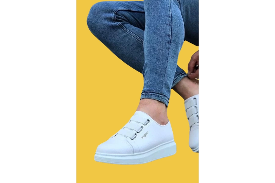 Shoecide Wg026 Bantlı Beyaz Kalın Taban Casual Erkek Ayakkabı