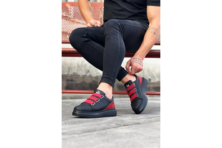 Shoecide Wg029 3 Bant Legend Kömür Kırmızı Kalın Taban Casual Erkek Ayakkabı