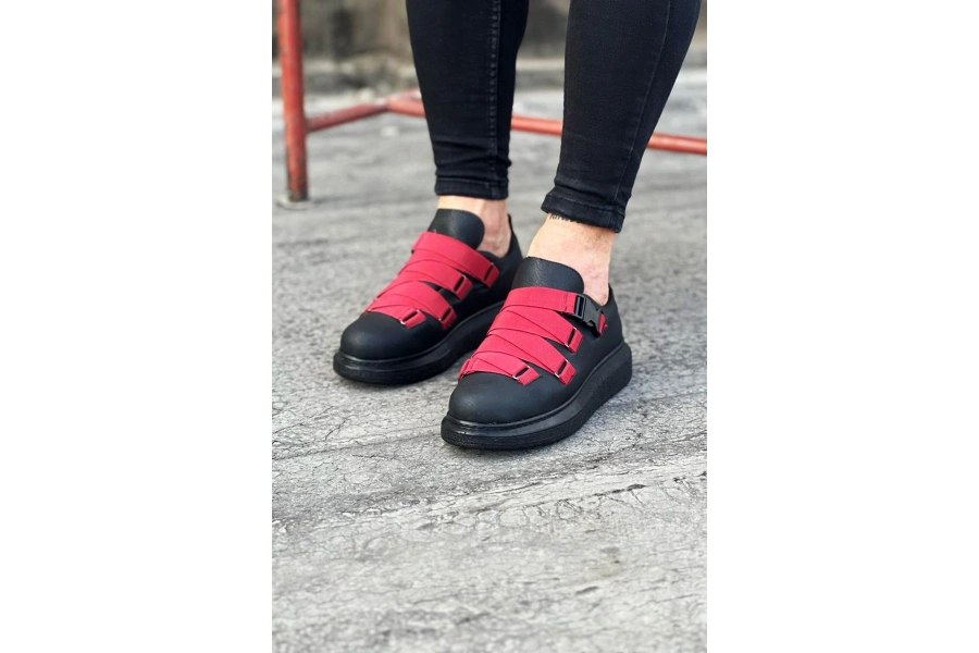 Shoecide Wg033 Kömür Kırmızı Erkek Yüksek Taban  Ayakkabı