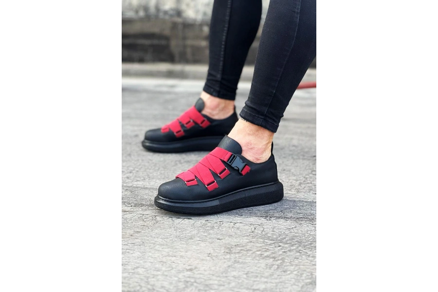 Shoecide Wg033 Kömür Kırmızı Erkek Yüksek Taban  Ayakkabı