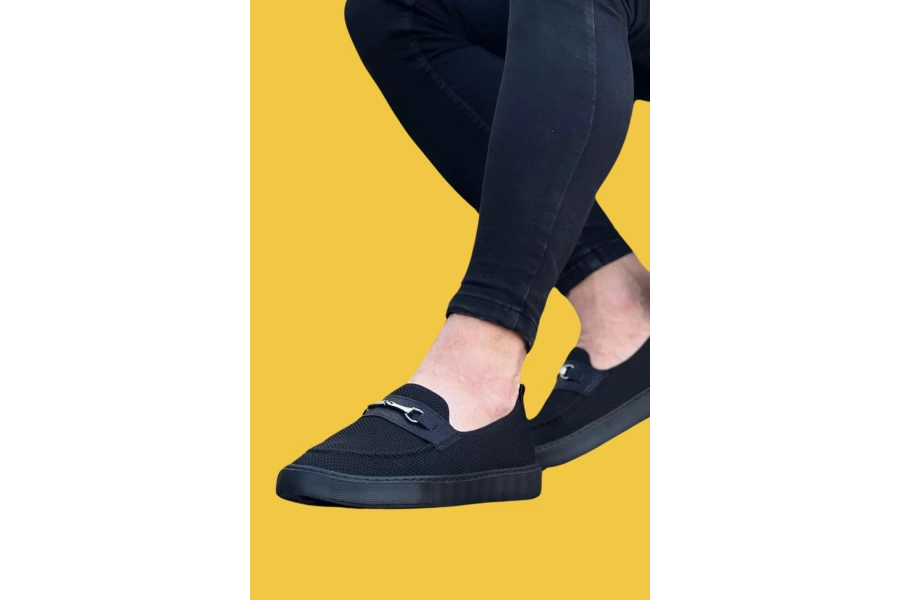 Shoecide Wg060 Bağcıksız Slip-on Rahat Taban Kömür Triko Erkek Spor Klasik Ayakkabı
