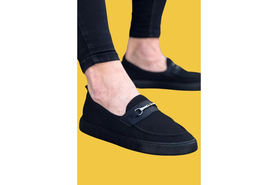 Shoecide Wg060 Bağcıksız Slip-on Rahat Taban Kömür Triko Erkek Spor Klasik Ayakkabı