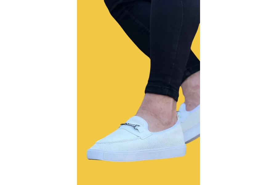 Shoecide Wg060 Bağcıksız Tokalı Beyaz Triko Babet Erkek Spor Klasik Ayakkabı