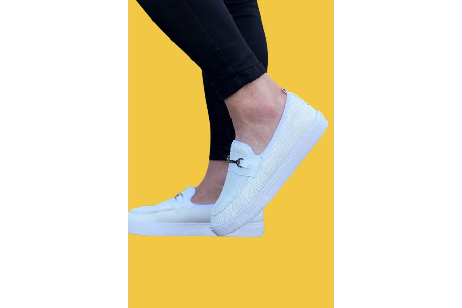 Shoecide Wg060 Bağcıksız Tokalı Beyaz Triko Babet Erkek Spor Klasik Ayakkabı