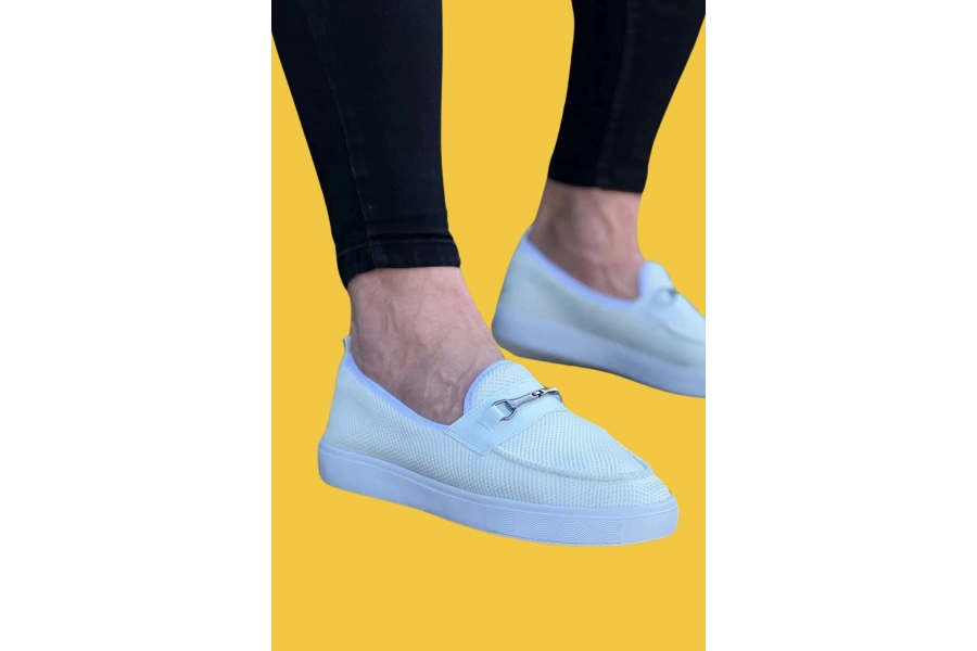Shoecide Wg060 Bağcıksız Tokalı Beyaz Triko Babet Erkek Spor Klasik Ayakkabı