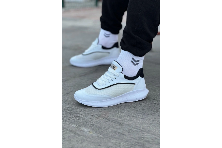 Shoecide Wg062 Beyaz Siyah Triko Erkek Spor Ayakkabı
