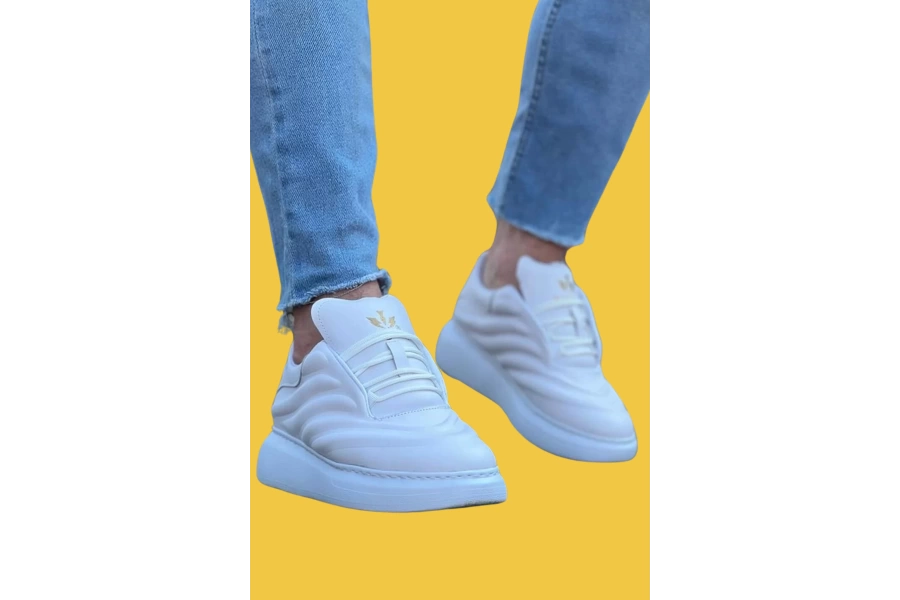 Shoecide Wg094 Bağcıklı Rahat Taban Şişme Tarz Beyaz Cilt Erkek Casual Ayakkabı