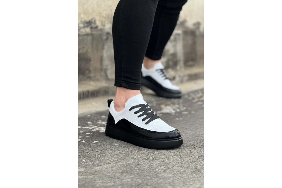Shoecide Wg162 Kömür Beyaz Rugan Ortopedik Taban Erkek Casual Ayakkabı