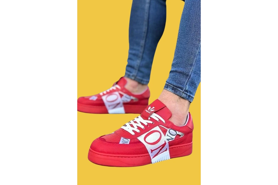 Shoecide Wg202 Bağcıklı Yazılı Şerit Detaylı Kırmızı Erkek Günlük Ayakkabı