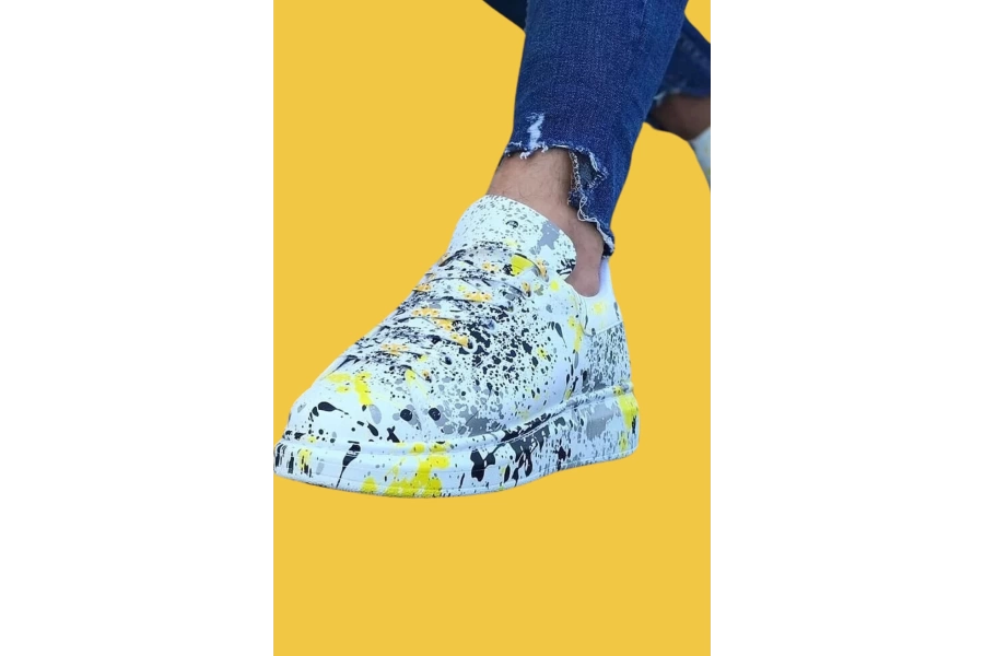 Shoecide Wg501 Bağcıklı Yüksek Taban Boya Desenli Sarı Renkli Erkek Casual Ayakkabı