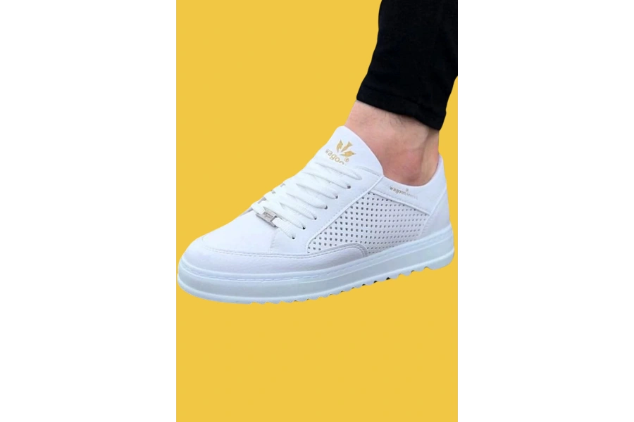 Shoecide Wg505 Bağcıklı İğne Desen Rahat Taban Beyaz Erkek Günlük Ayakkabı