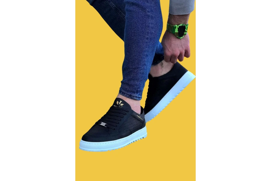 Shoecide Wg505 Bağcıklı İğne Desen Siyah Beyaz Erkek Günlük Ayakkabı