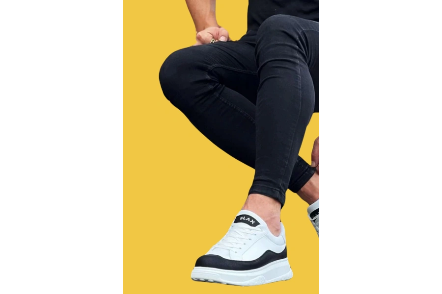 Shoecide Wg507 Bağcıklı Yüksek Taban Beyaz Siyah Beyaz Erkek Günlük Ayakkabı