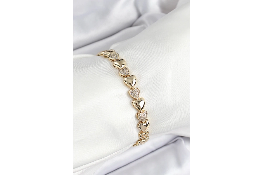 Shoecide Xuping Pirinç Sıralı Kalp Model Gold Renk Kadın Bileklik