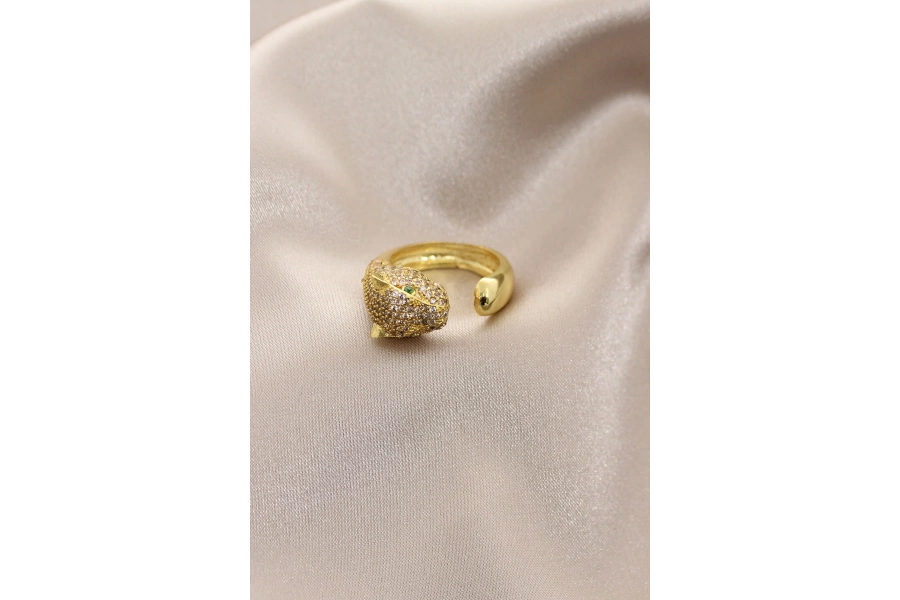 Shoecide Yeni Sezon Gold Renk Taşlı Yeşil Gözlü Kaplan Yüzük