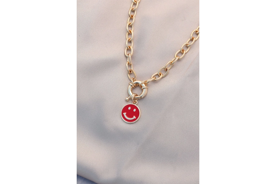 Shoecide Yeni Sezon Kırmızı Renk Smile Model Retro Gold Metal Kolye