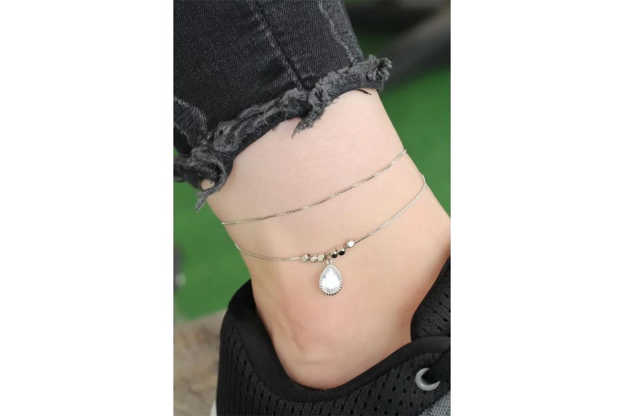 Shoecide Yeni Sezon Silver Renk Damla Zirkon Taşlı Halhal