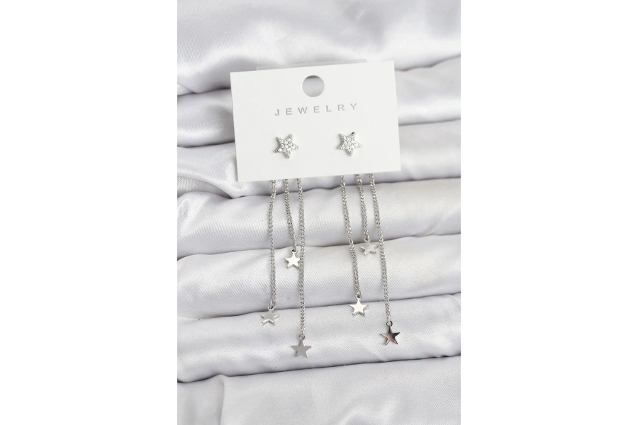 Shoecide Yıldız Model Gümüş Renk Pirinç Sallantılı Kadın Küpe