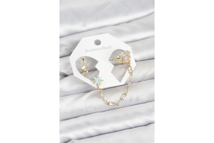 Shoecide Yıldız Model Pirinç Gold Renk Zincir Bağlantılı Ear Cuff Küpe Seti