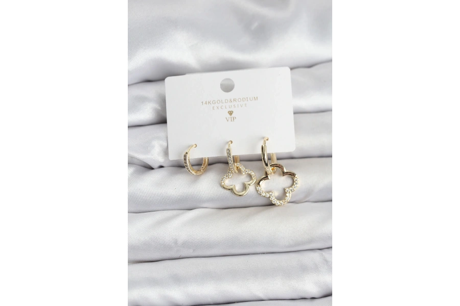 Shoecide Yonca Model Gold Renk Pirinç 3lü Kadın Küpe Seti