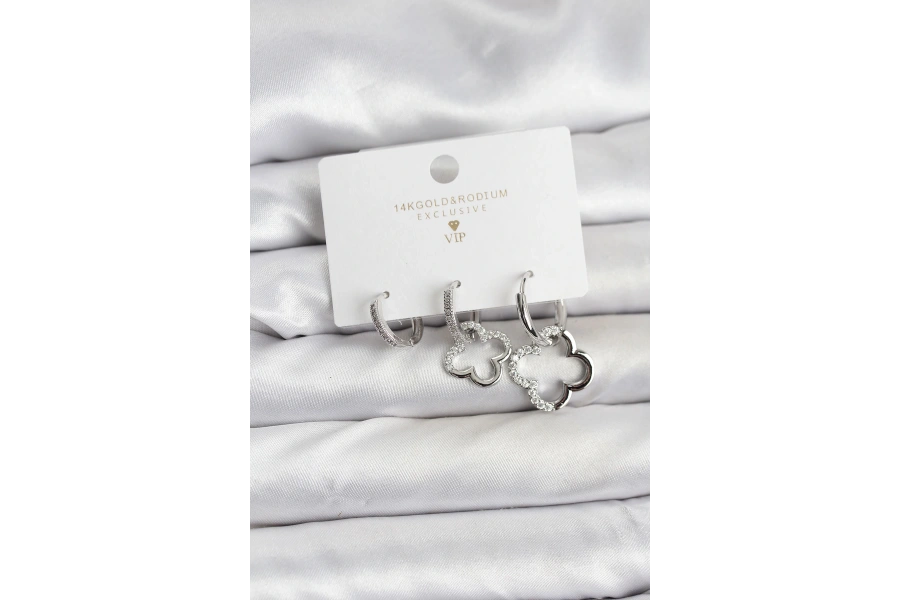 Shoecide Yonca Model Gümüş Renk Pirinç 3lü Kadın Küpe Seti