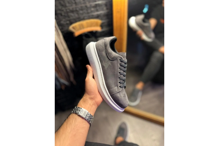 Shoecide Yüksek Taban Günlük Ayakkabı 044 Gri Süet (beyaz Taban)