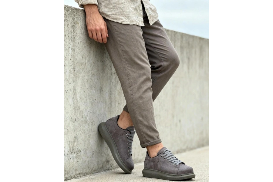 Shoecide Yüksek Taban Günlük Ayakkabı 044 Gri Süet (yeşil Taban)