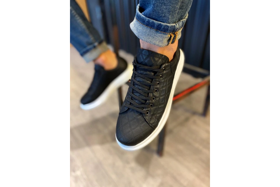 Shoecide Yüksek Taban Günlük Ayakkabı 044 Kapitone Siyah (beyaz Taban)